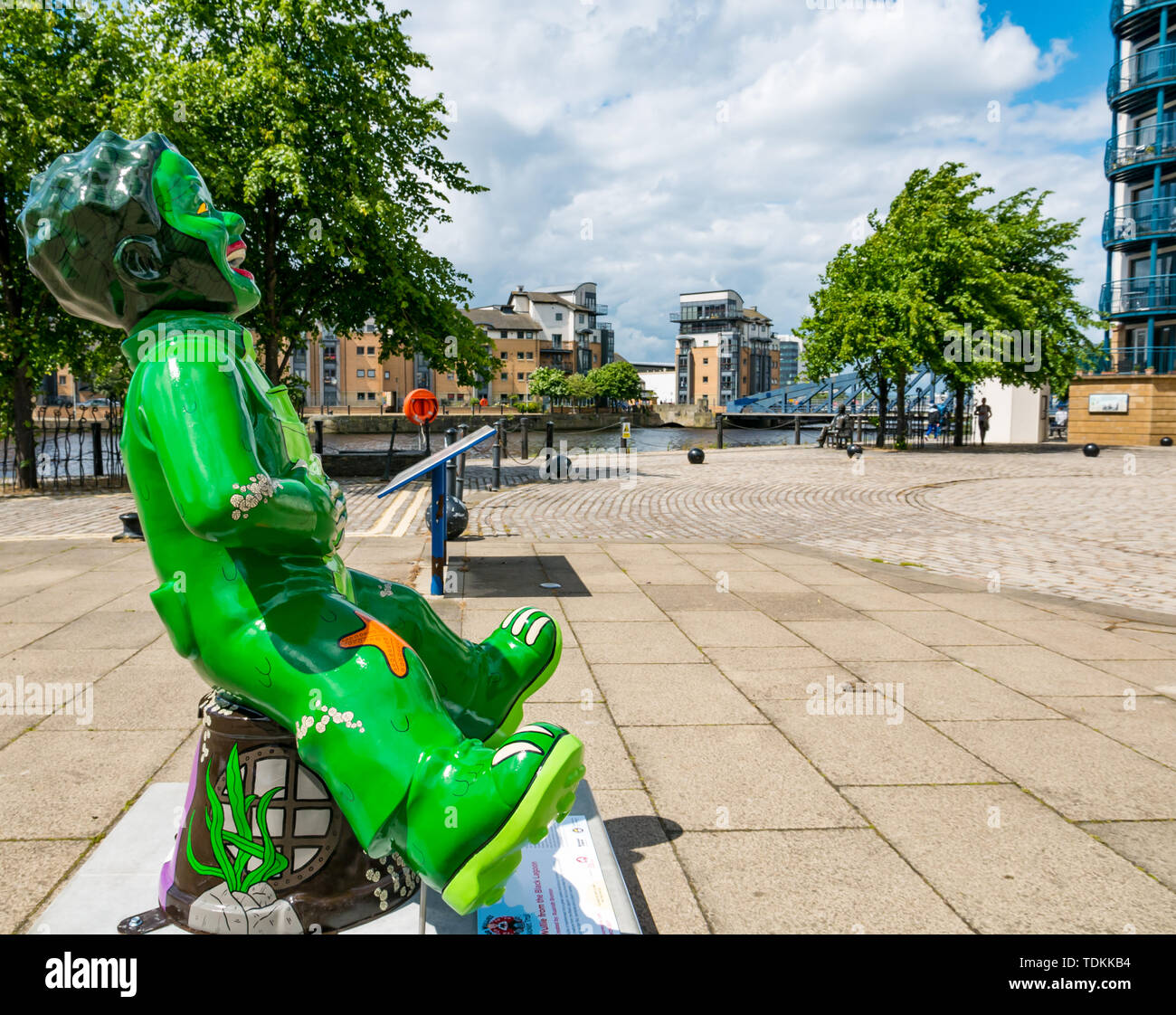 Leith, Edinburgh, Scotland, United Kingdom, 17 June 2019. Oor Wullie's Big Bucket Trail: An art trail of 200 Oor Wullie sculptures appear in Scottish cities in a mass arts event that lasts until August 30th. Oor Wullie is an iconic Scottish cartoon character. The sculptures will be auctioned to raise money for charities There are 5 in the Leith area, and 60 in Edinburgh altogether. Oor Wullie sculpture  by Ruairidh Brunton Stock Photo