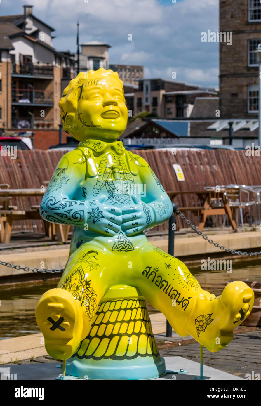 Leith, Edinburgh, Scotland, United Kingdom, 17 June 2019. Oor Wullie's Big Bucket Trail: An art trail of 200 Oor Wullie sculptures appear in Scottish cities in a mass arts event that lasts until August 30th. Oor Wullie is an iconic Scottish cartoon character from the Sunday Post newspaper. The sculptures will be auctioned to raise money for Scotland’s children’s hospital charities. There are 5 in the Leith area, and 60 in Edinburgh altogether.  Sailoor Wullie by The Leith Agency Stock Photo