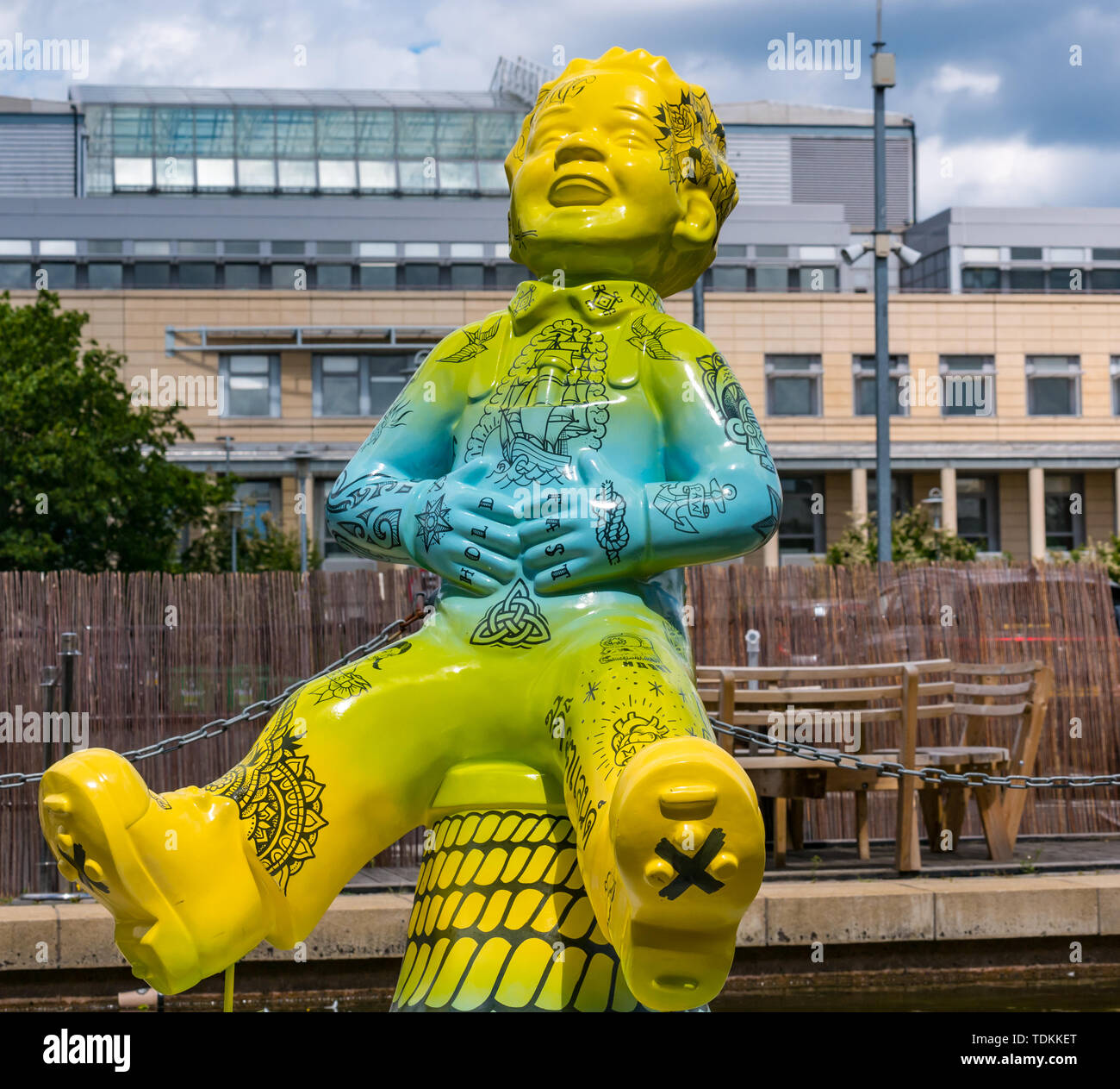 Leith, Edinburgh, Scotland, United Kingdom, 17 June 2019. Oor Wullie's Big Bucket Trail: An art trail of 200 Oor Wullie sculptures appear in Scottish cities in a mass arts event that lasts until August 30th. Oor Wullie is an iconic Scottish cartoon character from the Sunday Post newspaper. The sculptures will be auctioned to raise money for Scotland’s children’s hospital charities. There are 5 in the Leith area, and 60 in Edinburgh altogether.  Sailoor Wullie by The Leith Agency Stock Photo