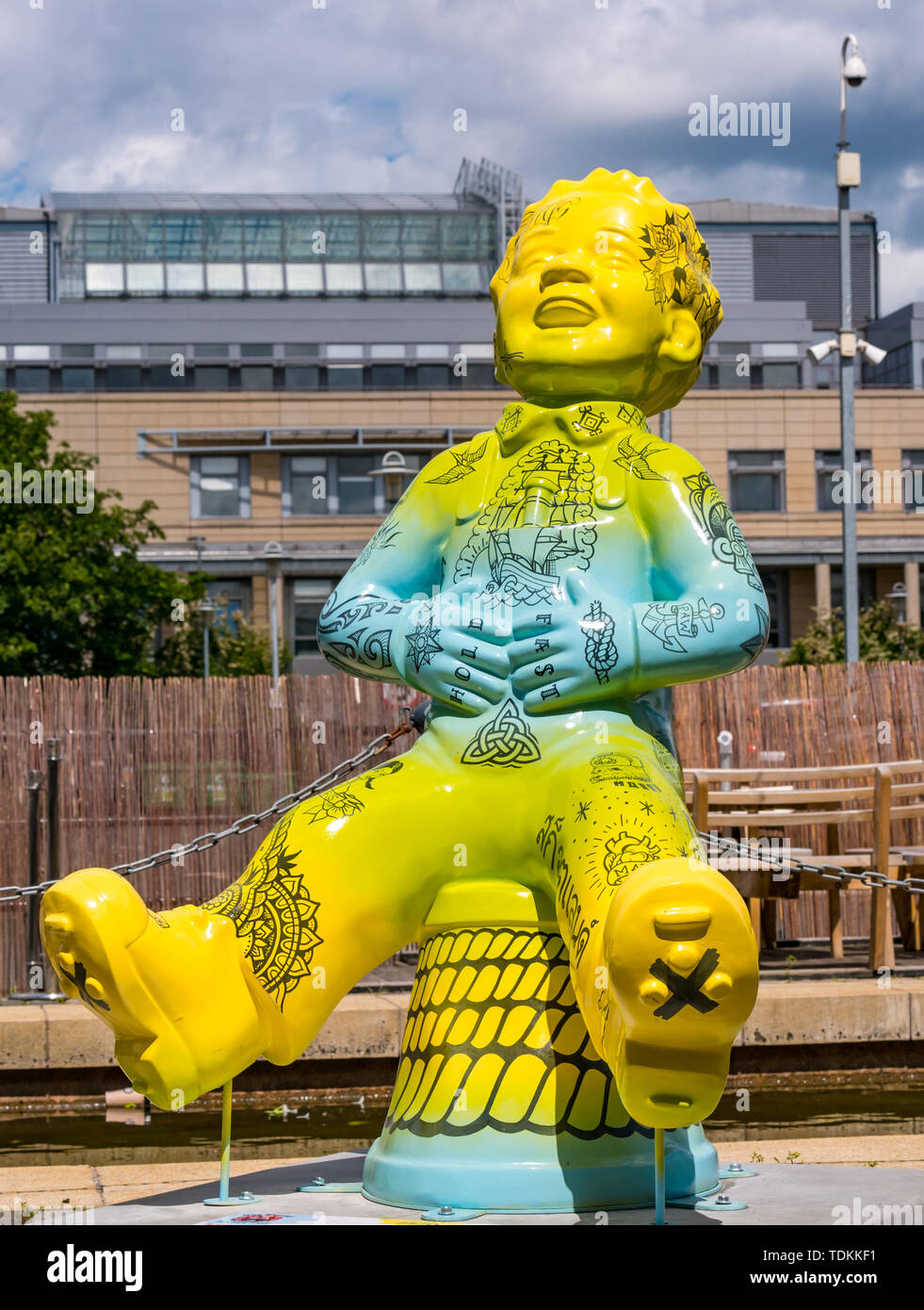 Leith, Edinburgh, Scotland, United Kingdom, 17 June 2019. Oor Wullie's Big Bucket Trail: An art trail of 200 Oor Wullie sculptures appear in Scottish cities in a mass arts event that lasts until August 30th. Oor Wullie is an iconic Scottish cartoon character from the Sunday Post newspaper. The sculptures will be auctioned to raise money for Scotland’s children’s hospital charities. There are 5 in the Leith area, and 60 in Edinburgh altogether.  Sailoor Wullie by The Leith Agency Stock Photo