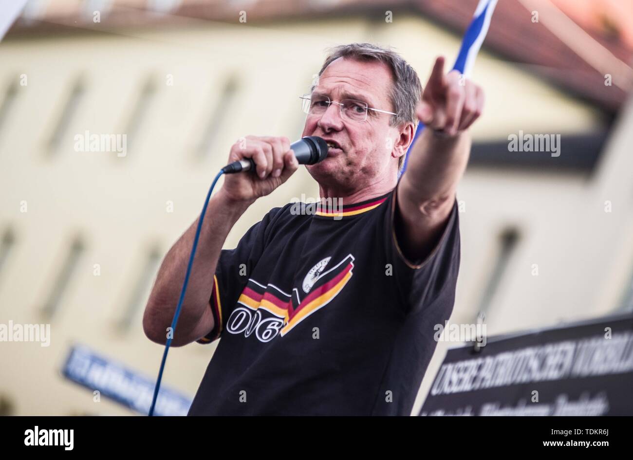 Munich, Bavaria, Germany. 17th June, 2019. MICHAEL STUERZENBERGER appearing at a Buergerbewegung Pax Europa far-right demonstration in Munich, Germany. Headed by the Verfassungsschutz (Secret Service) monitored Michael Stuerzenberger, the Buergerbewegung Pax Europa (Citizen Initiative Pax Europa) islamophobic group marched through the University area of Munich, Germany. Despite claiming to be for Judeo-Christian culture, the group had numerous known anti-semites, anti-semitic conspiracy theorists, and right-extremists among their 50 followers. Credit: ZUMA Press, Inc./Alamy Live News Stock Photo