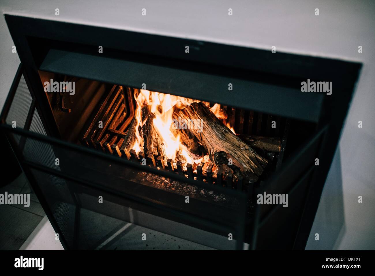 Wood fire in the fireplace Stock Photo