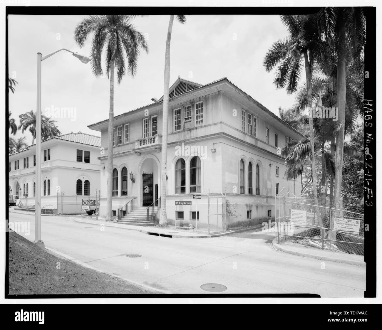 Oblique view front and north side, facing northwest. - Gorgas Hospital, Mortuary and Chapel, Gorgas Road, Balboa Heights, Former Panama Canal Zone, CZ Stock Photo