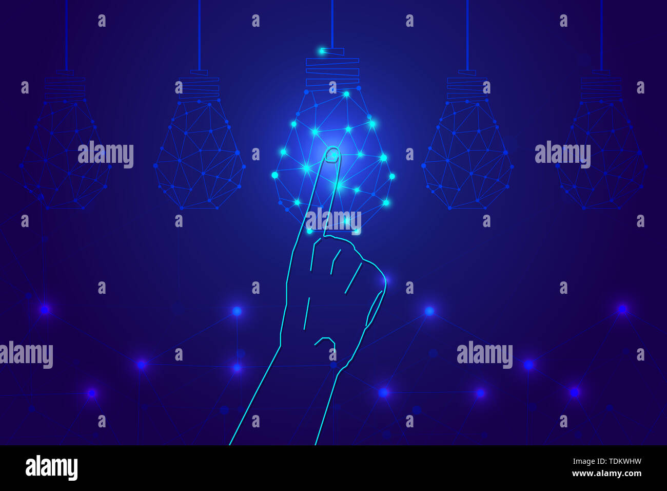 Fingers touch light bulbs on screen, dot line link glowing light bulbs