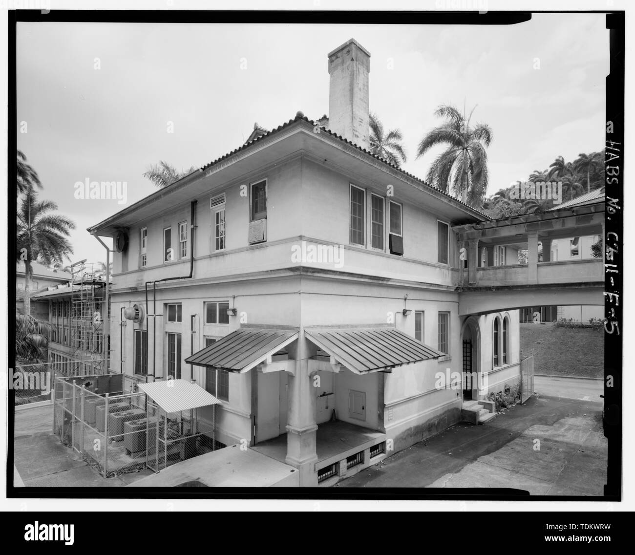 Oblique view of back and north side from garage roof, facing southeast. - Gorgas Hospital, Mortuary and Chapel, Gorgas Road, Balboa Heights, Former Panama Canal Zone, CZ Stock Photo