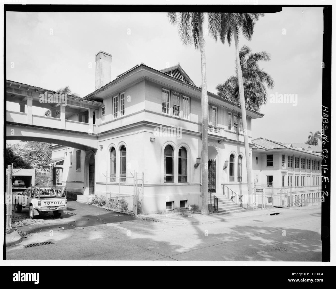 Oblique view of front and south side, facing northeast. - Gorgas Hospital, Mortuary and Chapel, Gorgas Road, Balboa Heights, Former Panama Canal Zone, CZ Stock Photo