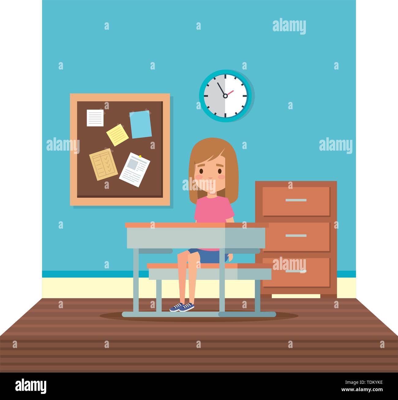 little student girl in school desk on the classroom Stock Vector Image ...