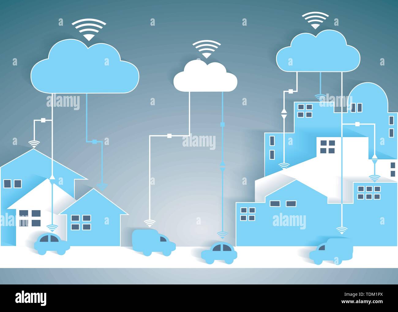 Cloud Computing Paper Cutout City and Suburb Network - Wifi Internet Connectivity concept, EPS10 Grouped and Layered Stock Vector