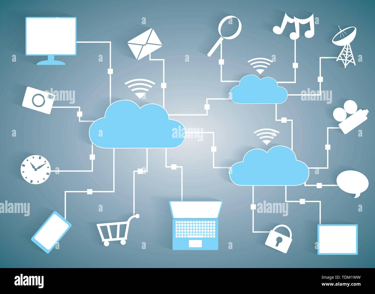 Cloud Computing Paper Cutout Icons BYOD Devices Network - Wifi Internet Connectivity concept, EPS10 Grouped and Layered Stock Vector