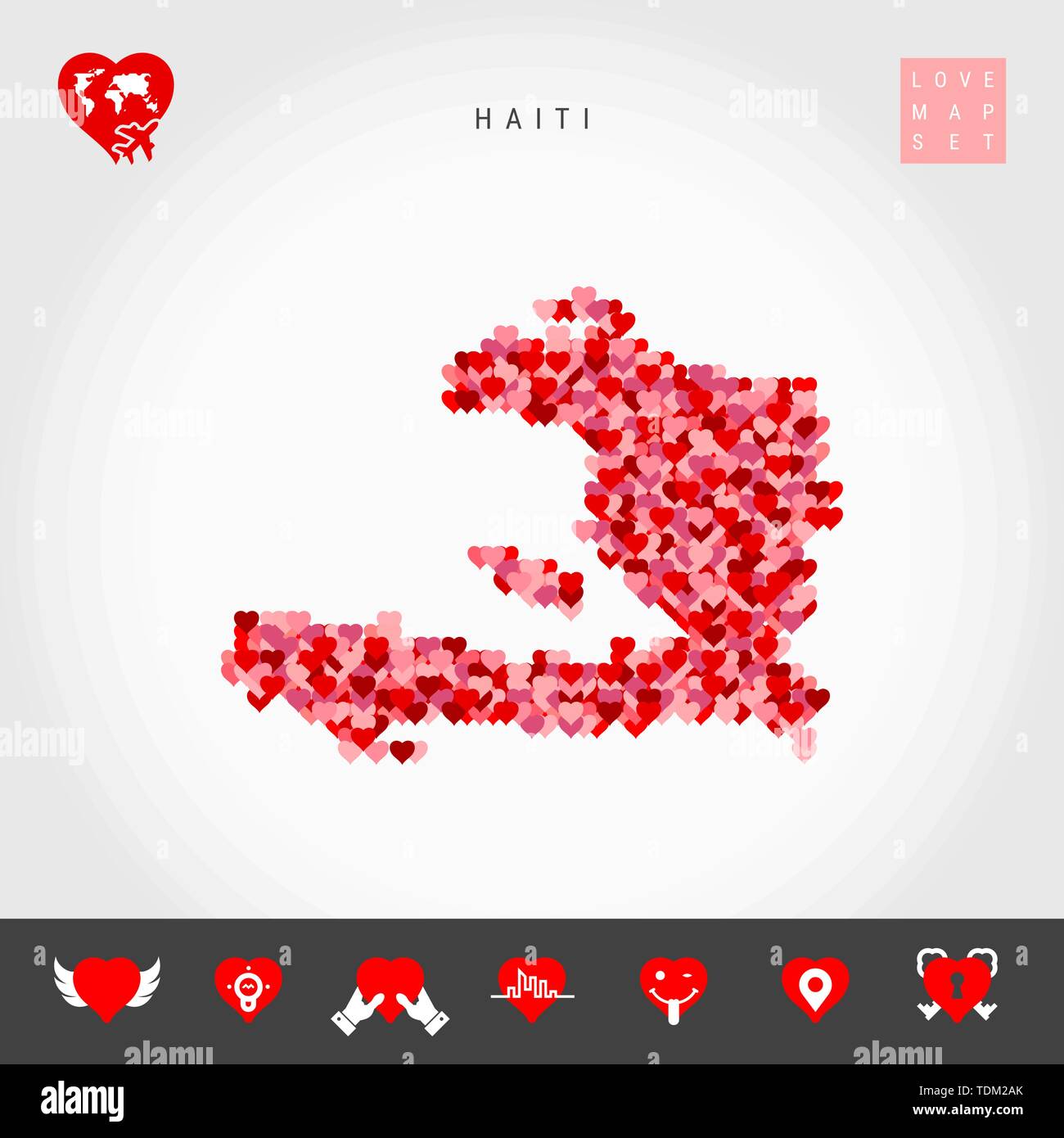 I Love Haiti. Red and Pink Hearts Pattern Vector Map of Haiti Isolated on Grey Background. Love Icon Set. Stock Vector