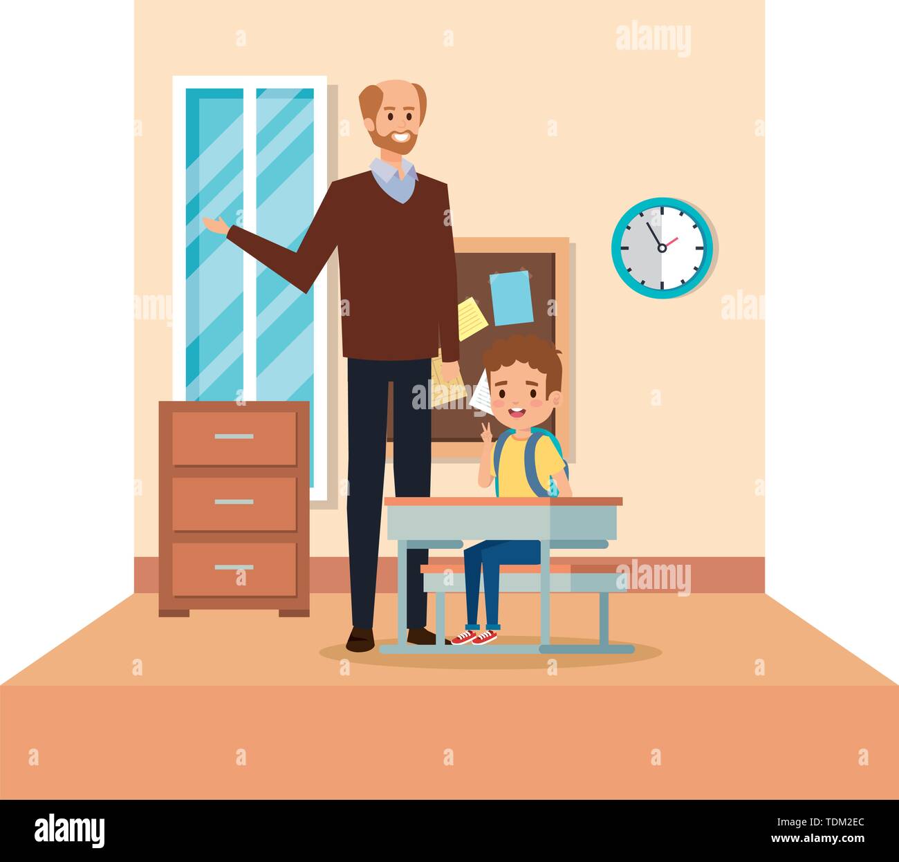 male teacher and boy seated in desk in the classroom Stock Vector