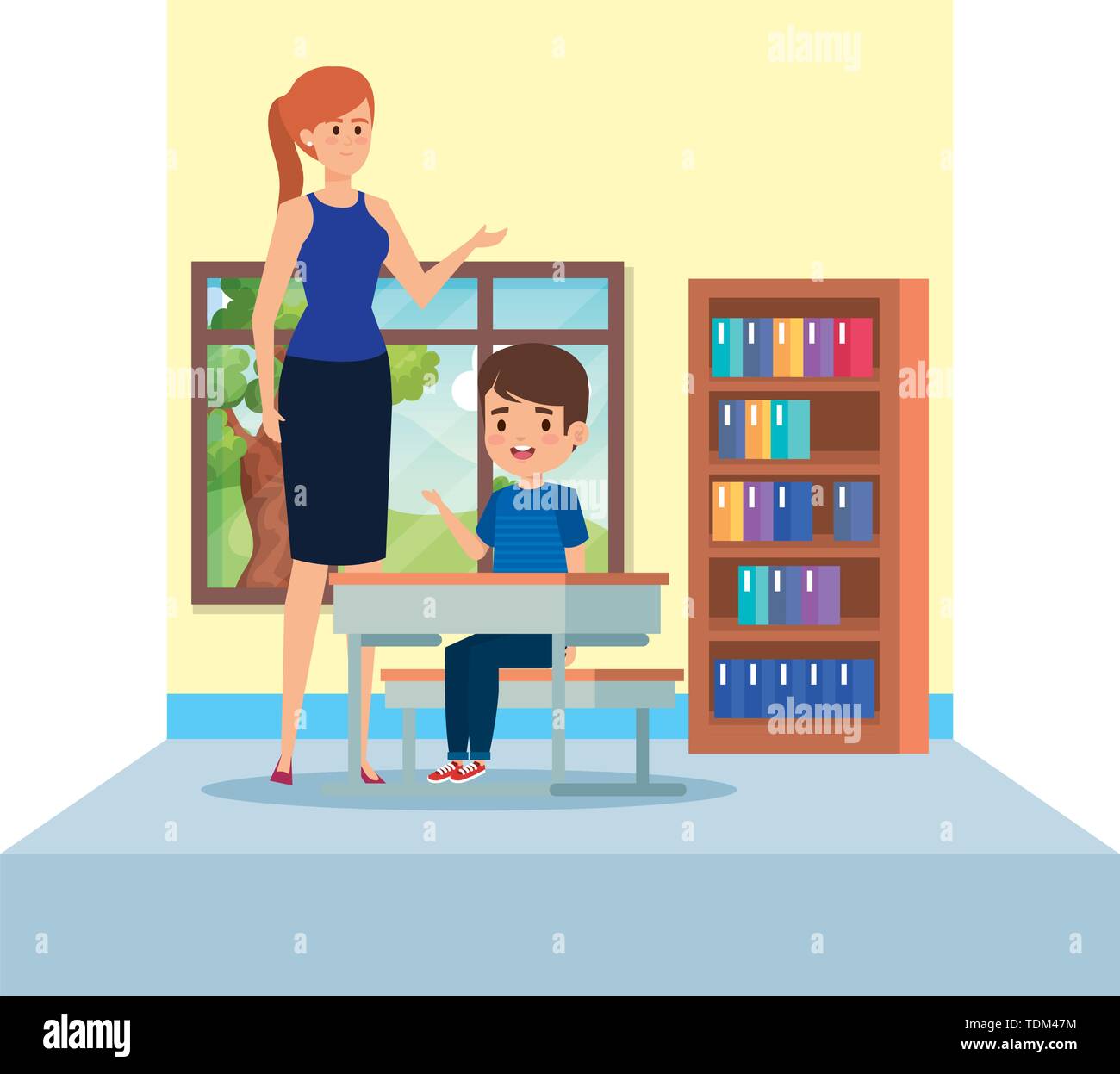 female teacher and boy seated in desk in the classroom Stock Vector