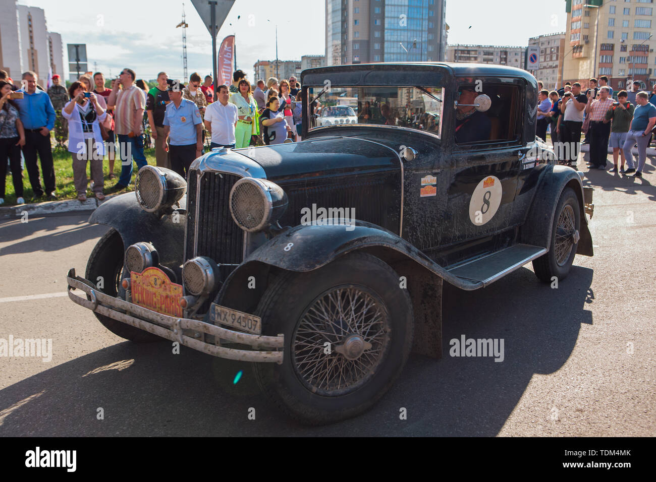 Novokuznetsk, Russia, 13 June 2019: The 7th Peking to Paris Motor Challenge 2019. Chrysler CM 6 1931 leaving the city and going to another stage of Stock Photo