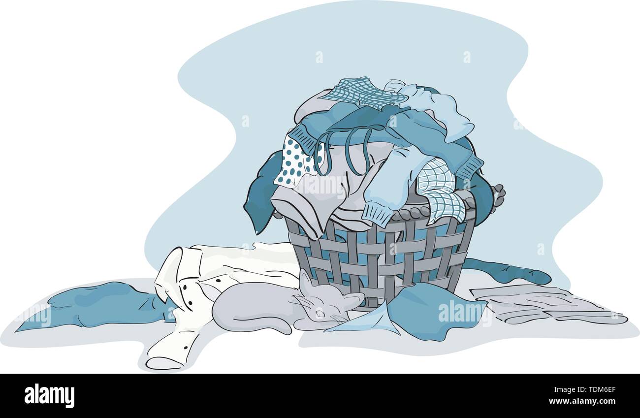 Overflowing basket of laundry in limited pallet of Blue - vector grouped and layered Stock Vector
