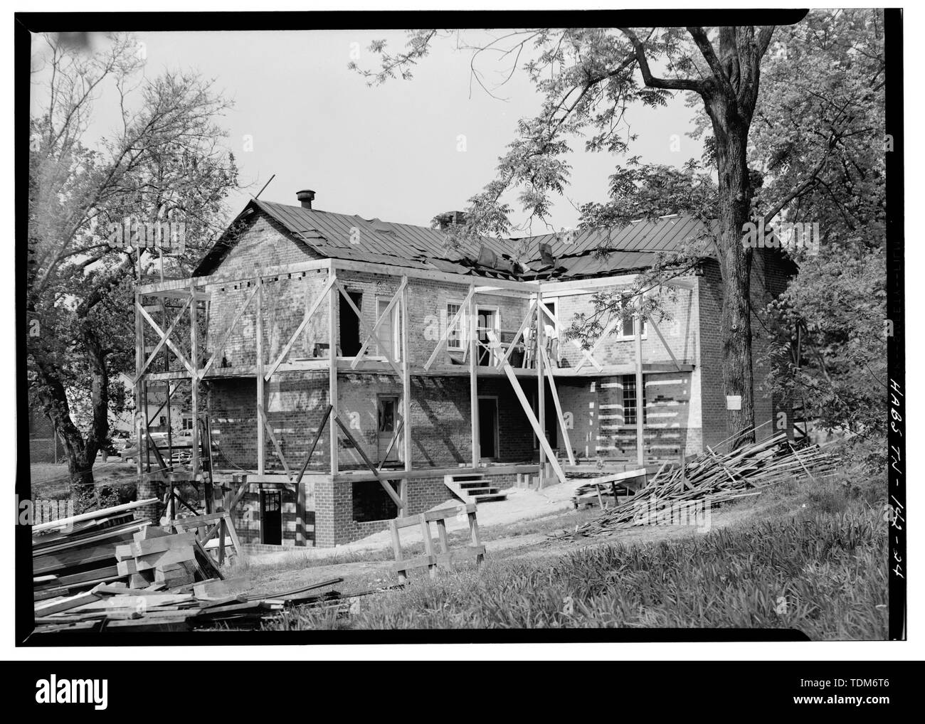 PERSPECTIVE VIEW OF EAST SIDE AND SOUTH (REAR) DURING RESTORATION - Andrew Johnson House, 217 South Main Street, Greeneville, Greene County, TN; Brannan, James; Connally, Ernest A, project manager; Boucher, Jack E, photographer; Moody Studio, photographer; Judd, Henry A, photographer; Keen, L W, photographer; Davis, Benjamin, photographer; O'Gorman, James E, delineator; Lowry, Eugene I, delineator; Dunbar, Eugene F, delineator Stock Photo