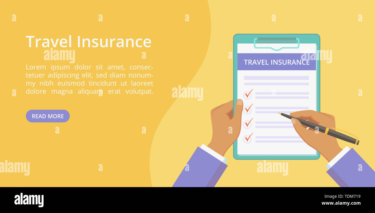 Travel insurance policy on clipboard with hands landing page concept