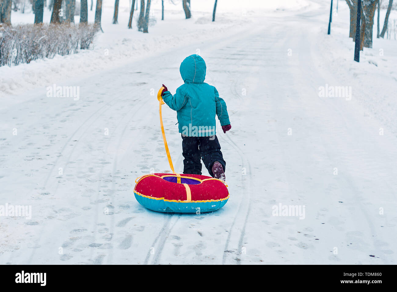 one little boy in winter runs along the snowy road alone. child pulls sled tubing Stock Photo