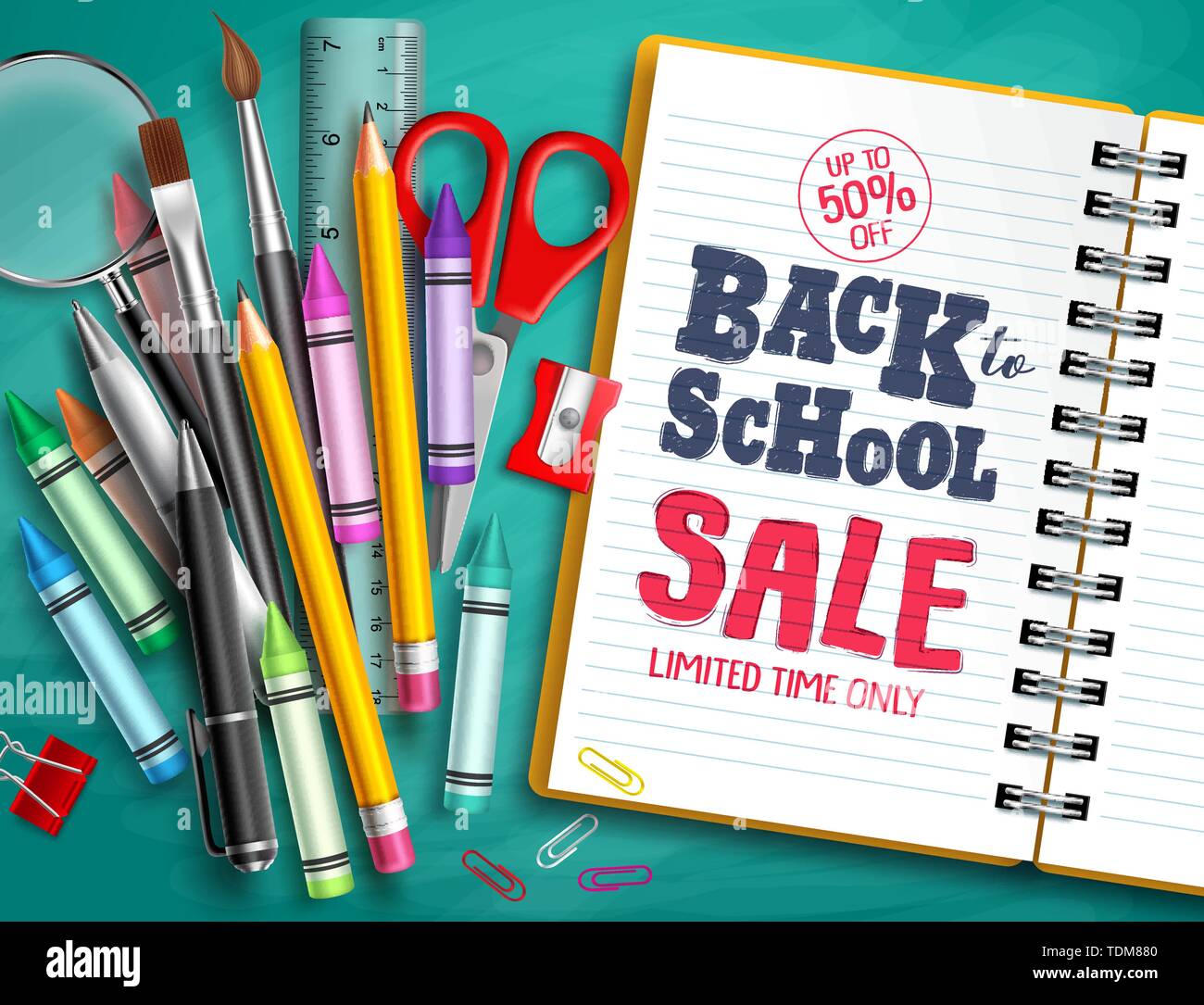 Back to school sale vector banner design with school supplies