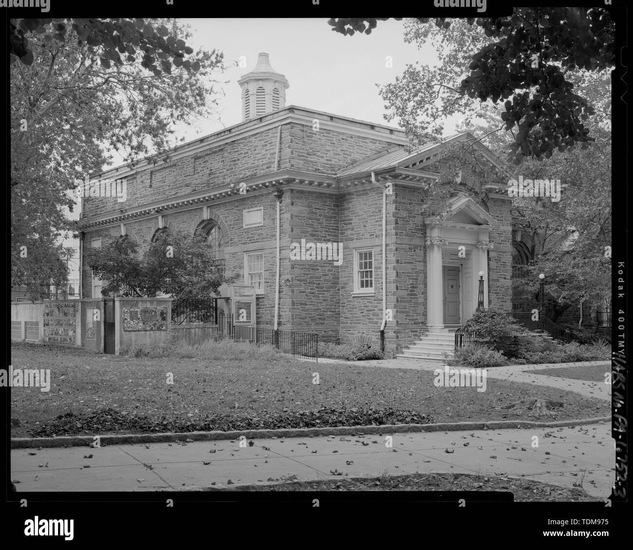 PERSPECTIVE VIEW OF SOUTHEAST FRONT AND SOUTHWEST SIDE, LOOKING NORTH - Free Library of Philadelphia, Germantown Branch, 5818 Germantown Avenue (in Vernon Park), Philadelphia, Philadelphia County, PA; Carnegie, Andrew; Preservation Alliance of Greater Philadelphia, sponsor Stock Photo