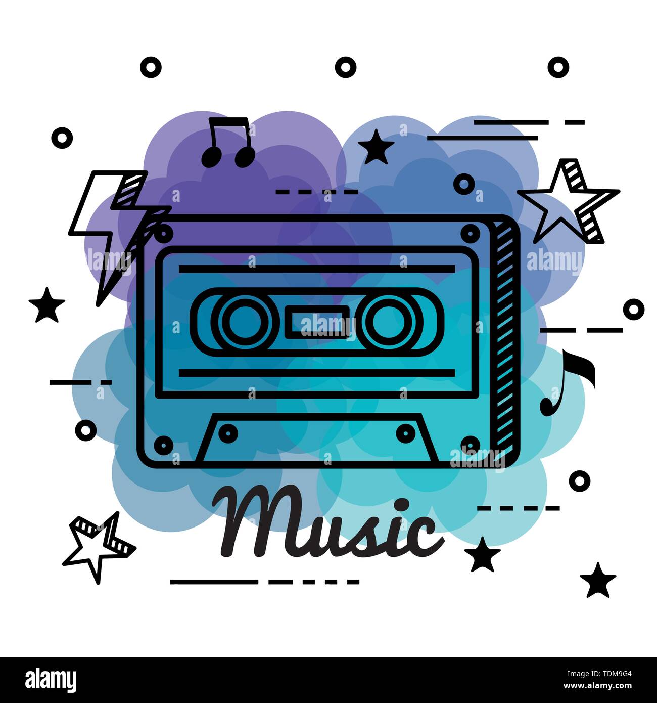 cassette play melody with notes and stars Stock Vector