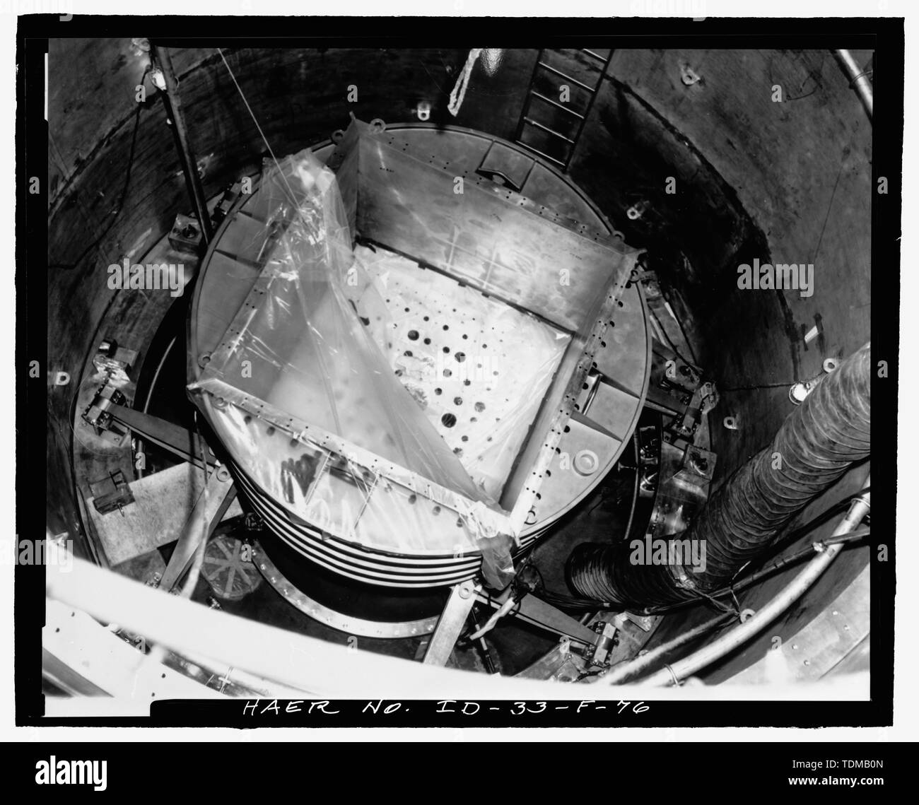 PBF Reactor Building (PER-620). Camera looks down into reactor pit at tip of core container. Photographer- John Capek. Date- June 28, 1970. INEEL negative no. 70-3265 - Idaho National Engineering Laboratory, SPERT-I and Power Burst Facility Area, Scoville, Butte County, ID Stock Photo