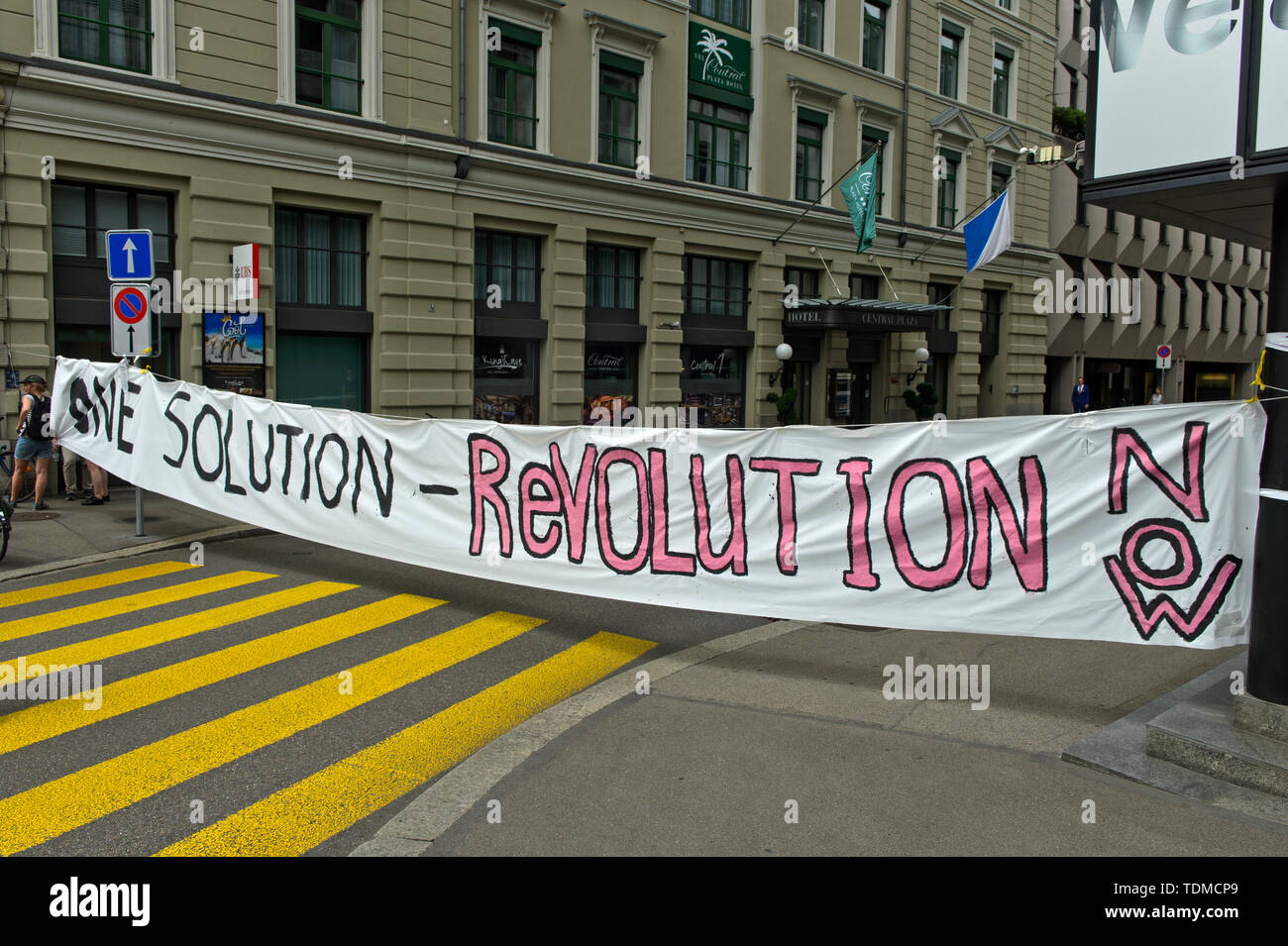 Banner calling for revolution shown at the women's strike 14 June 2019, Zurich, Switzerland Stock Photo