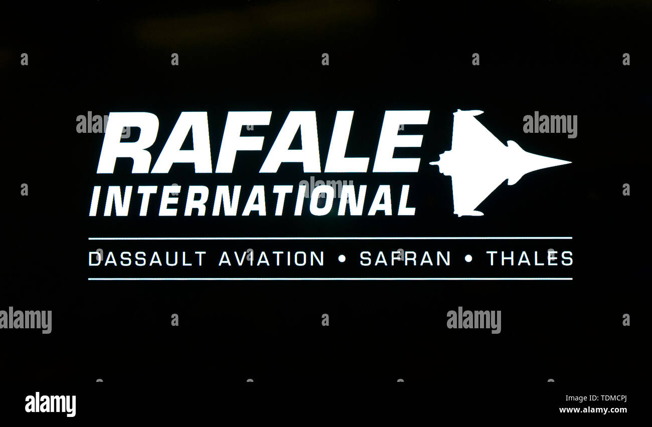 Logo of Rafale International, a business division of French aircraft manufacturer Dassault Aviation, Payerne, Vaud, Switzerland Stock Photo