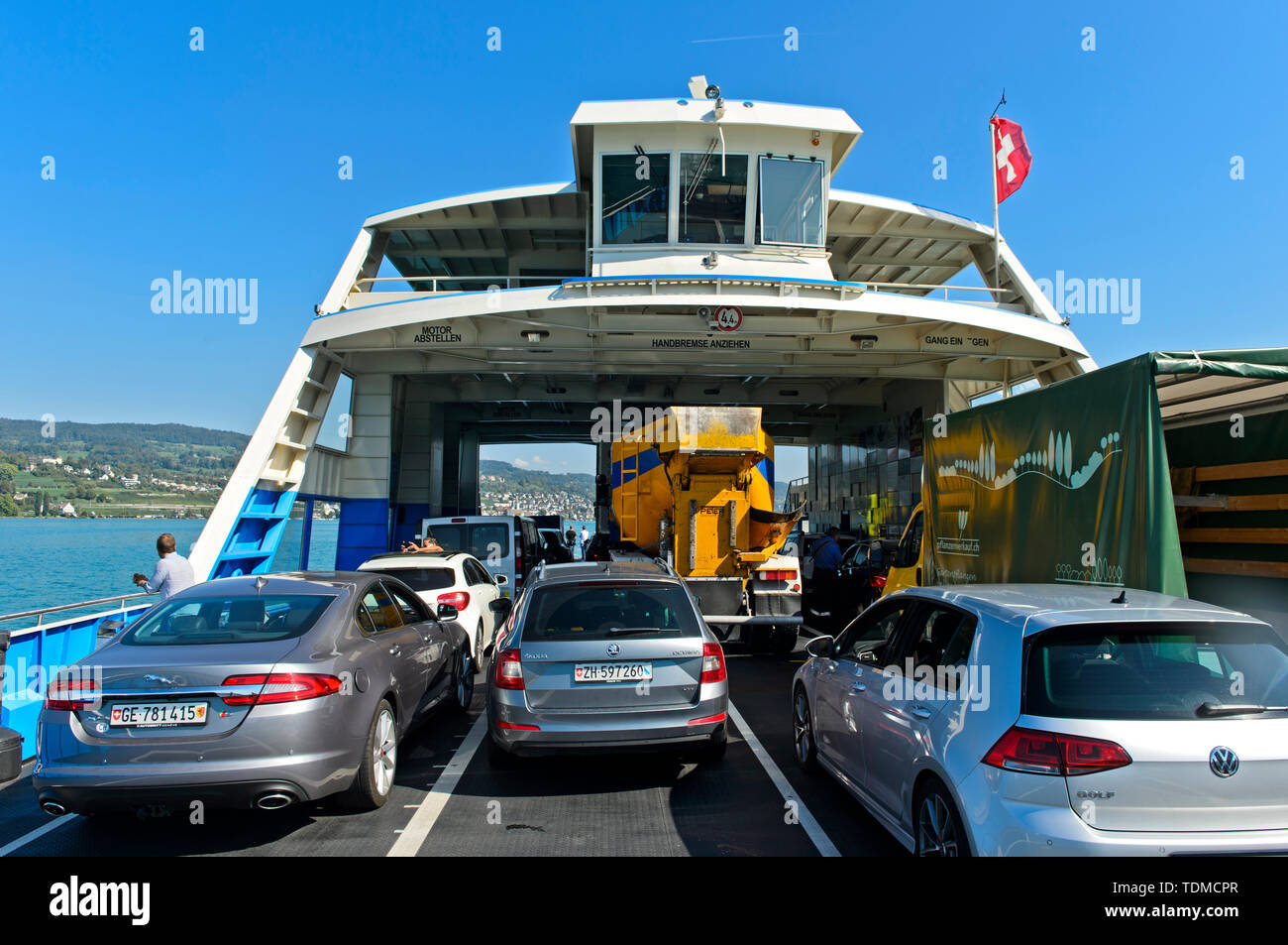 Cars cross Lake Zurich on the Lake Zurich ferry between Horgen and Meilen, Horgen, Switzerland Stock Photo