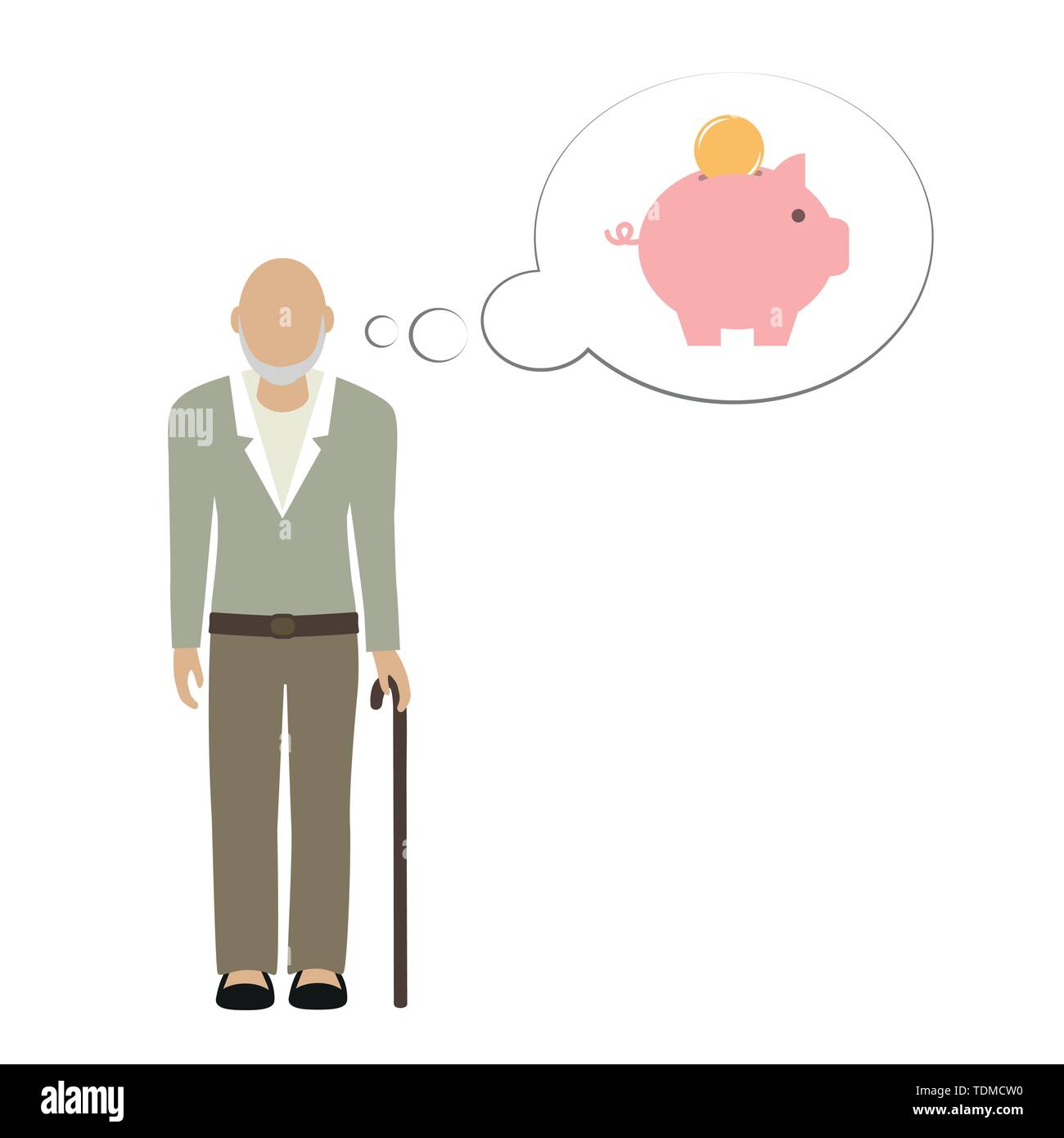 Old Man Grandpa Character Thinking About Saving Money In Piggy Bank 