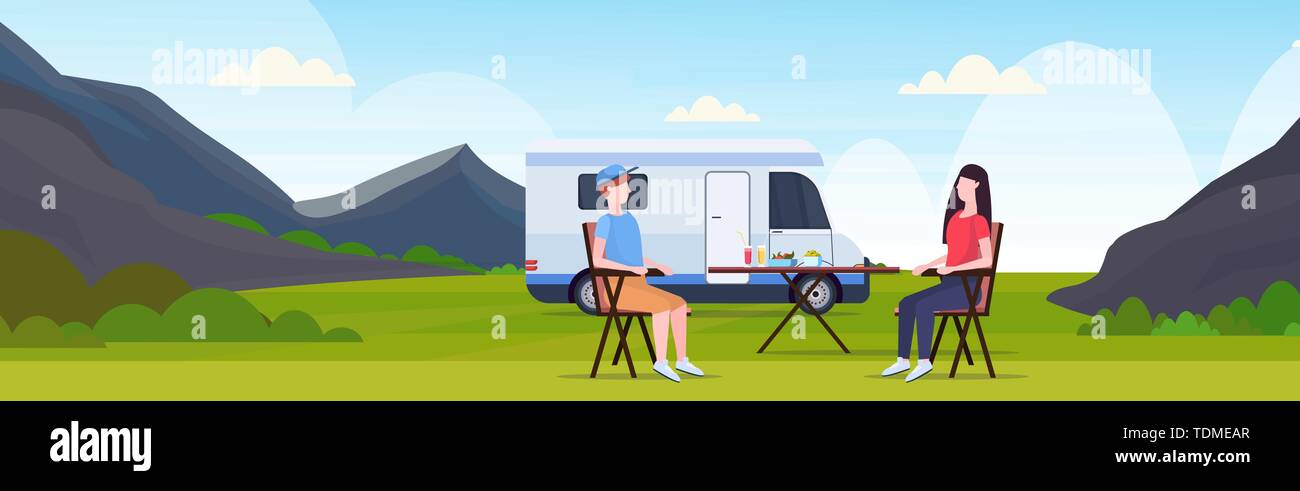 couple sitting at table near camping family trailer truck caravan car man woman spendingtime togeher summer vacation concept beautful nature landscape Stock Vector