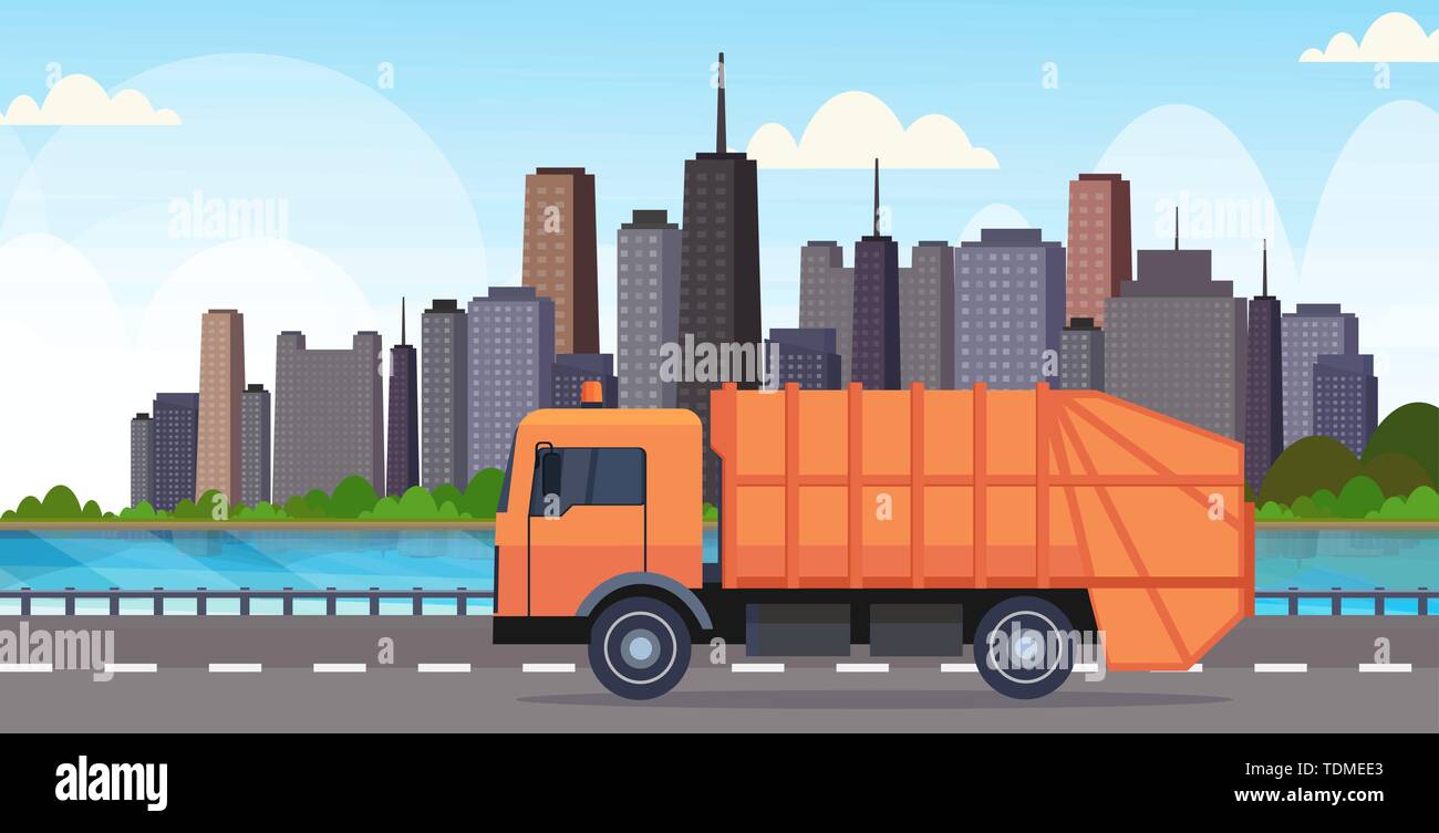orange garbage truck urban sanitary vehicle moving city highway waste
