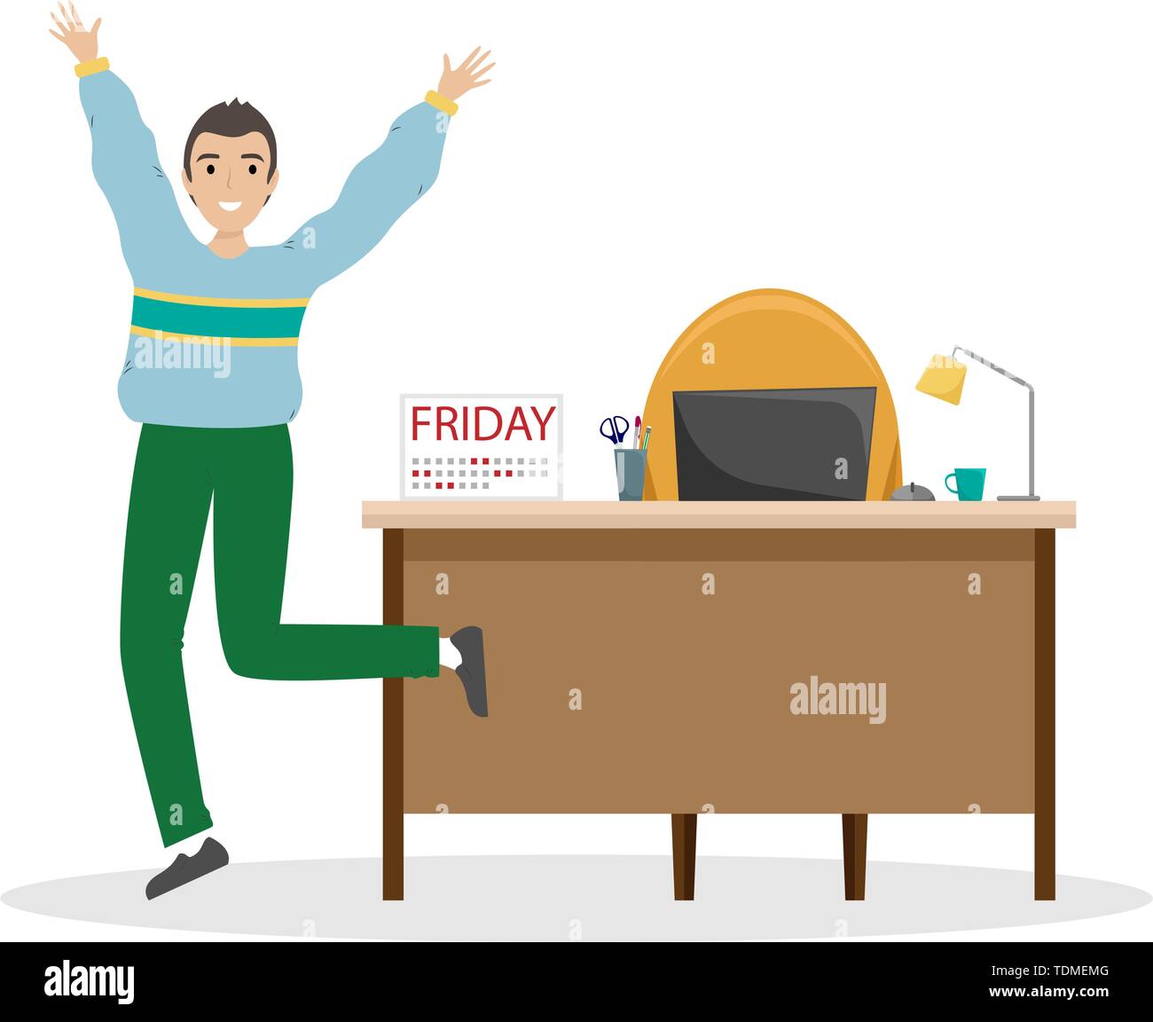 The man enjoys the end of the working week. Friday at the office. Flat vector illustration Stock Vector