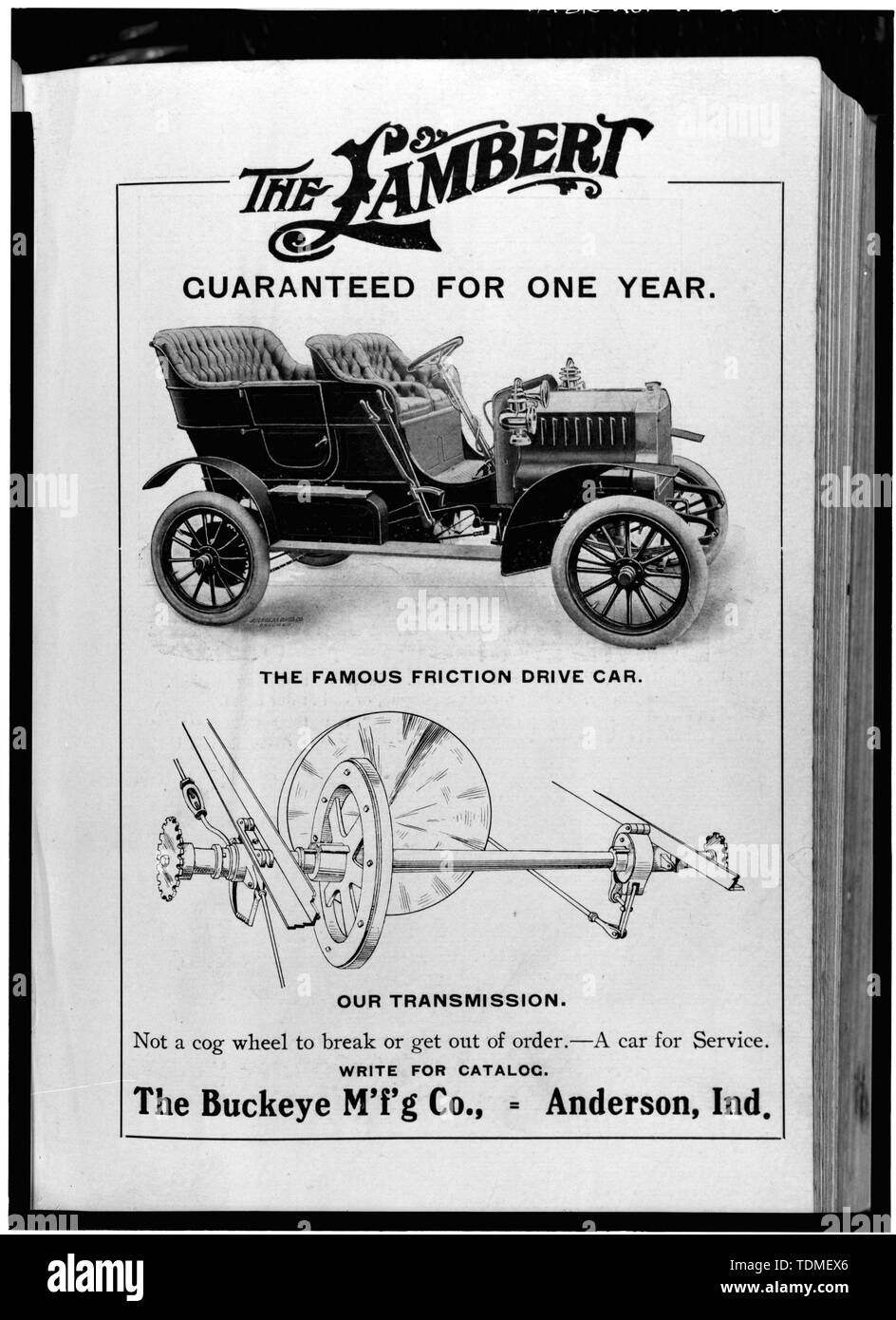 PHOTOCOPY ADVERTISING VIEW OF THE LAMBERT AUTOCAR WITH CUTAWAY OF TRANSMISSION, FROM ANDERSON CITY DIRECTORY, CA. 1906-1907 - Buckeye Manufacturing Company, Columbia Avenue, Anderson, Madison County, IN; Lambert Brothers Manufacturing Company; Lambert, John William; Boucher, Jack E; Sackheim, Donald; Rosenberg, Robert Stock Photo