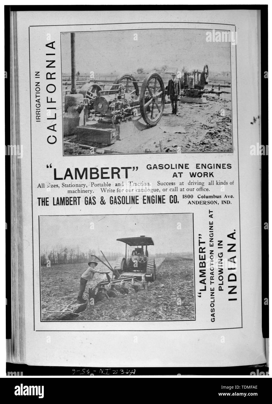 PHOTOCOPY OF COPY ADVERTISING WITH PHOTOS OF LAMBERT GASOLINE ENGINES AT WORK,FROM ANDERSON CITY DIRECTORY - Buckeye Manufacturing Company, Columbia Avenue, Anderson, Madison County, IN; Lambert Brothers Manufacturing Company; Lambert, John William; Boucher, Jack E; Sackheim, Donald; Rosenberg, Robert Stock Photo