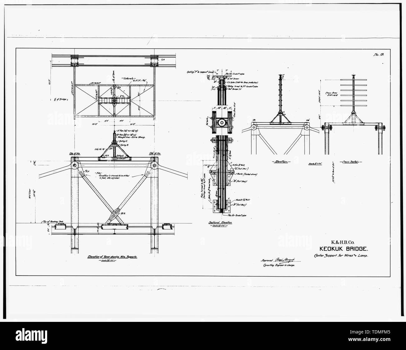 PHOTOCOPY OF DRAWING, SPAN 1, CENTER SUPPORT FOR WIRES AND LAMP, VARIOUS SCALES - Keokuk and Hamilton Bridge, Spanning Mississippi River, Keokuk, Lee County, IA Stock Photo