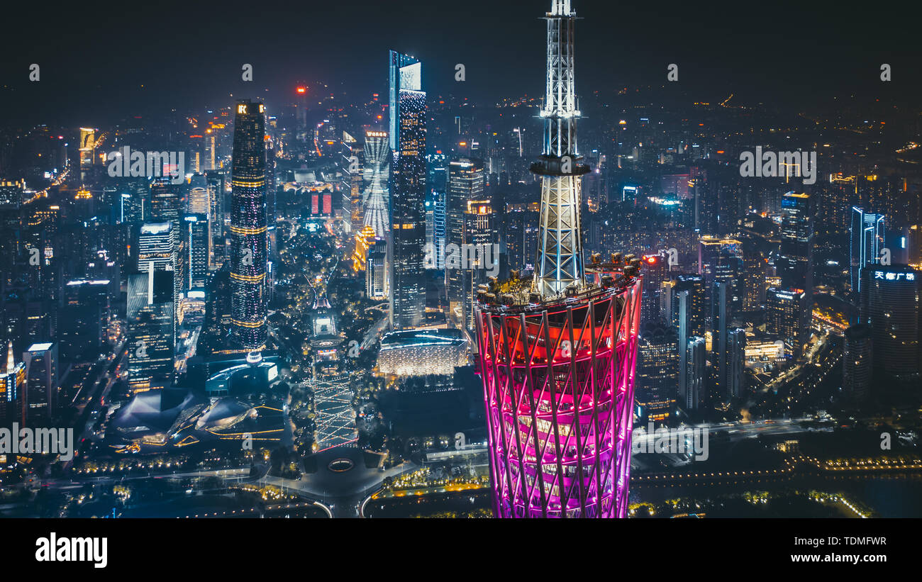 Night View of Guangzhou Tower and Pearl River New Town CBD Stock Photo