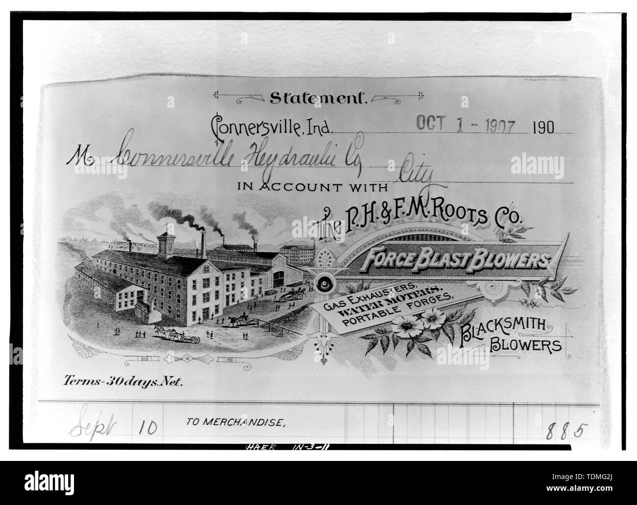 Photocopy Of P H And F M Roots Co Illustrated Letterhead Statement Oct 1 1907 From Collection Of Kenneth Mills Connersville Ind P H And F M Roots Company Eastern Avenue