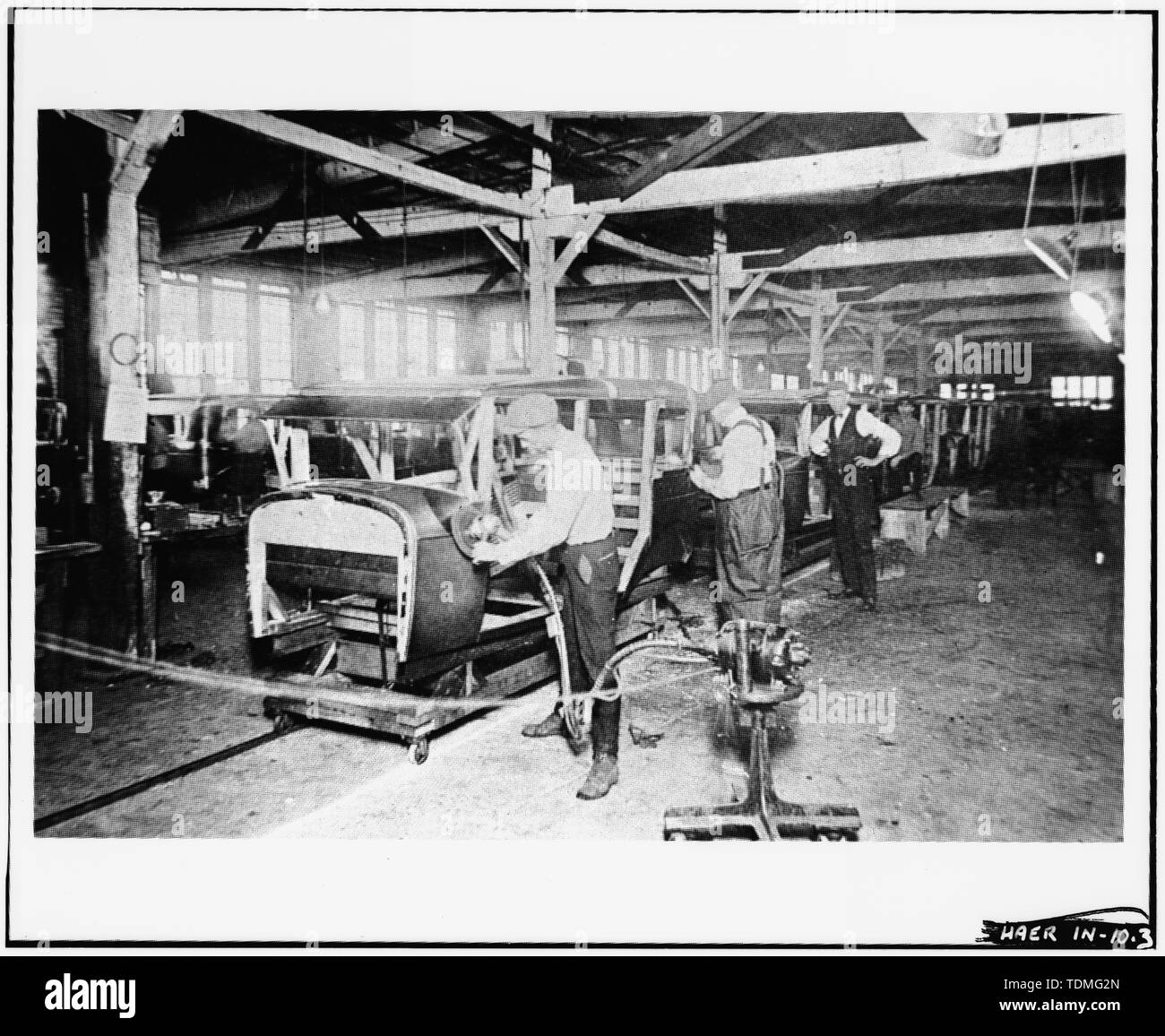 PHOTOCOPY OF PHOTO CA. 1906 SHOWING WOODEN AUTO BODIES ON ASSEMBLY LINE, FROM COLLECTION OF HENRY BLOMMEL, CONNERSVILLE, INDIANA - Central Manufacturing Company, Eighteenth Street, Connersville, Fayette County, IN; Ansted, Edward W; Ansted, William B; Rosenberg, Robert; Sackheim, Donald Stock Photo