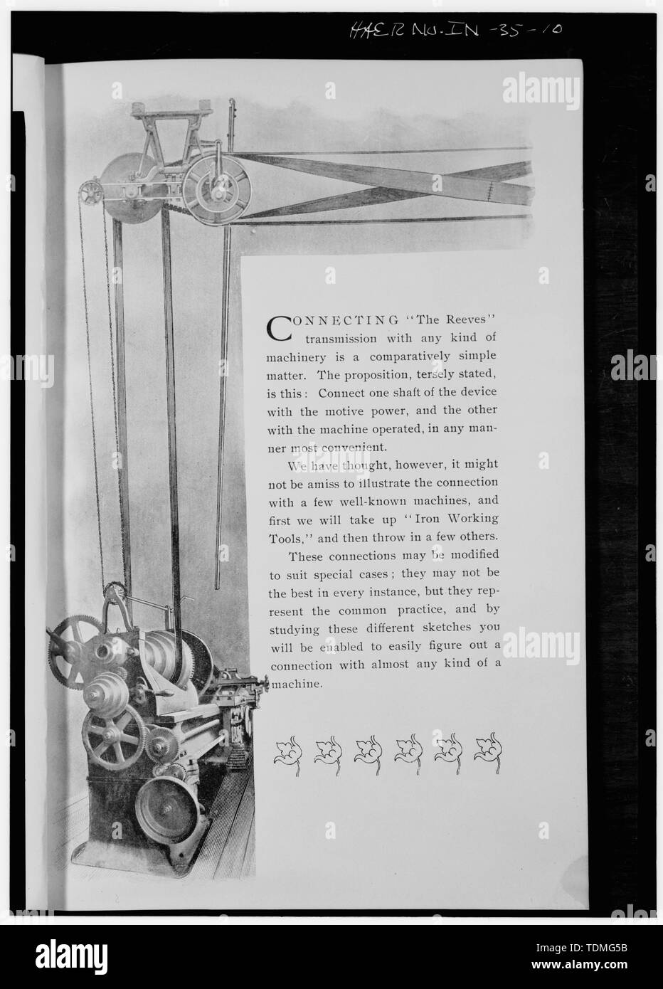PHOTOCOPY OF TRADE ADVERTISING SHOWING THE REEVES OVERHEAD BELT TRANSMISSION POWER SYSTEM, CA. EARLY 1900S - Buckeye Manufacturing Company, Columbia Avenue, Anderson, Madison County, IN; Lambert Brothers Manufacturing Company; Lambert, John William; Boucher, Jack E; Sackheim, Donald; Rosenberg, Robert Stock Photo