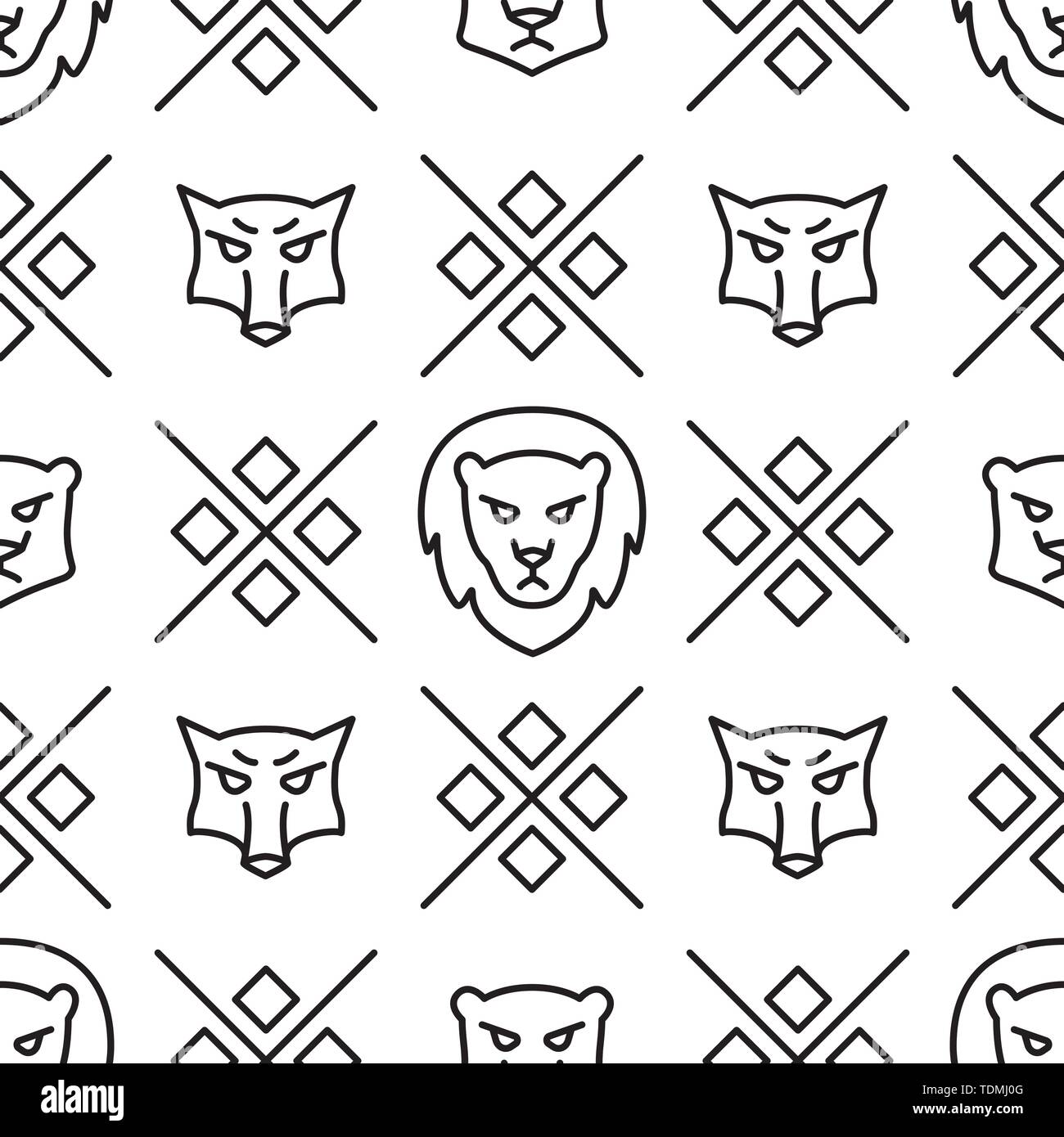 Linear seamless pattern with wild wolves and lions Vector line illustration Stock Vector