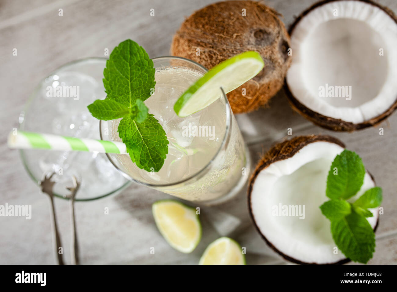 Coconut water drink on wooden background Stock Photo