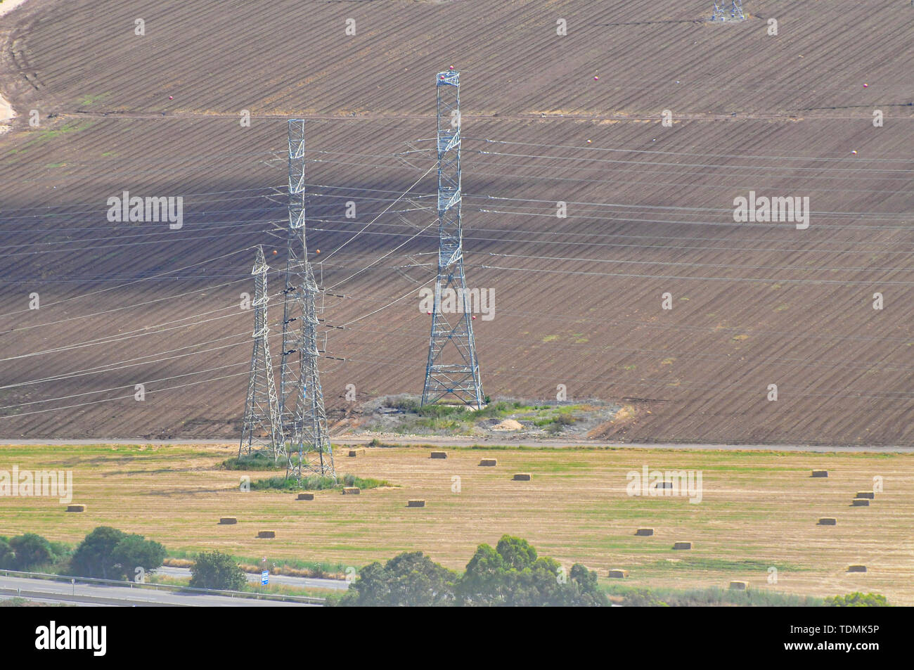 High voltage power line pylon photographed in Israel, Haifa bay Stock