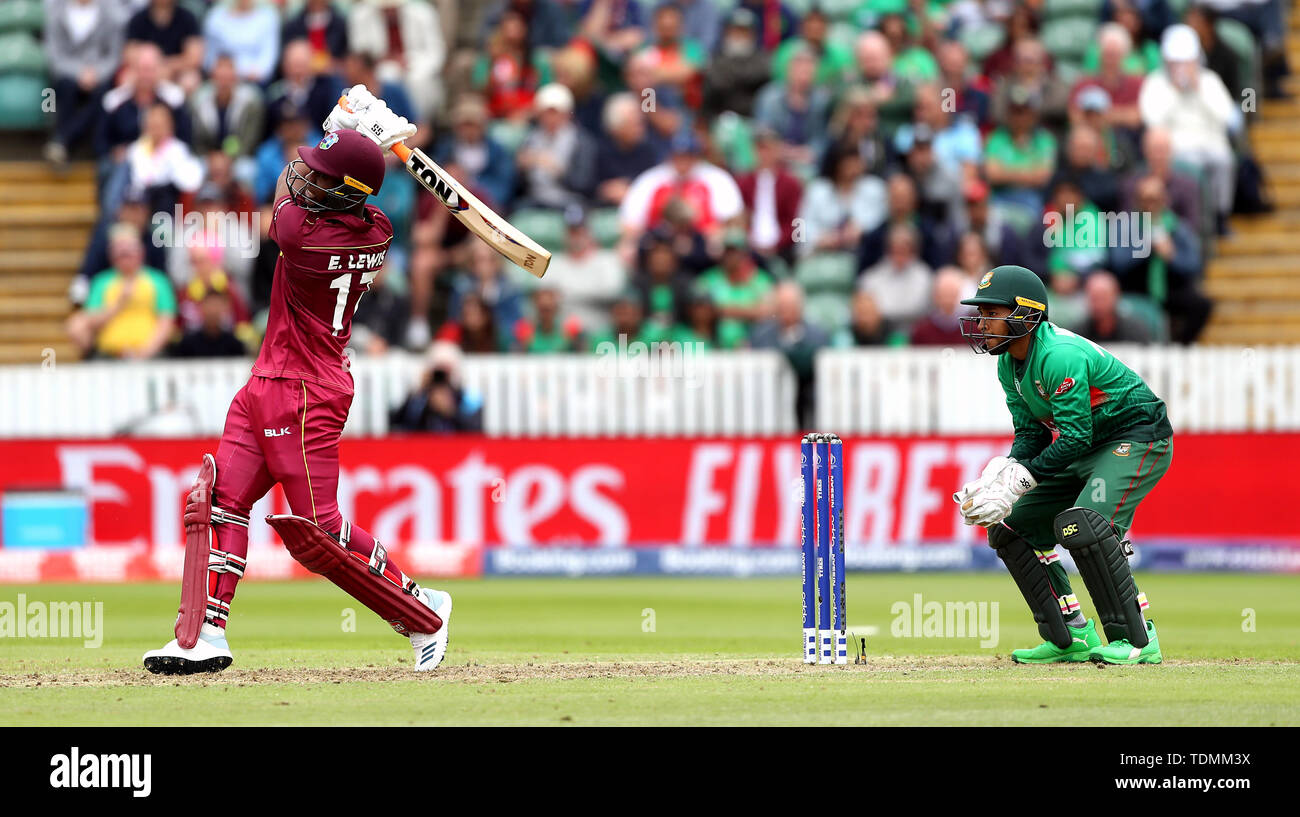 West Indies' Evin Lewis (left) is caught out by Bangladesh's Shakib Al Hasan during the ICC Cricket World Cup group stage match at The Taunton County Ground, Taunton. Stock Photo