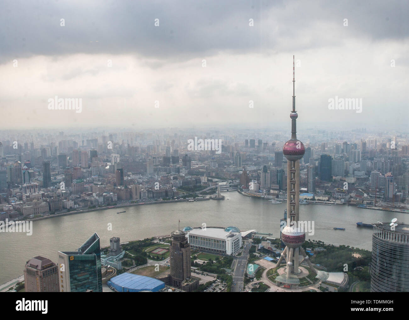 A bird's eye view of both sides of the Pujiang River on the 88th floor of Jinmao Building, the Oriental Pearl Tower is very eye-catching Stock Photo