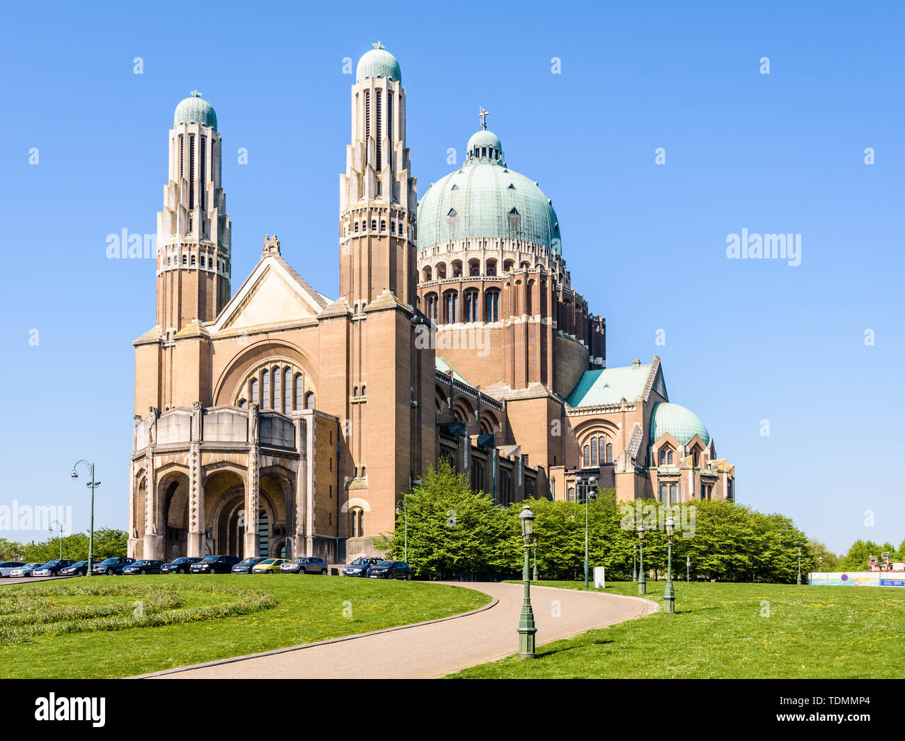 Three-quarter front view of the National Basilica of the Sacred Heart, located in the Elisabeth park in Koekelberg, Brussels-Capital region, Belgium. Stock Photo
