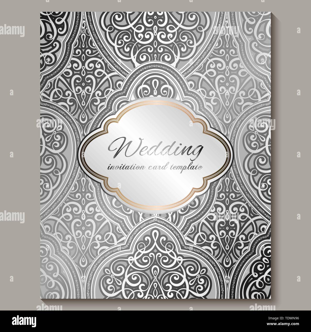 Wedding invitation card with silver shiny eastern and baroque rich foliage. Intricate Ornate islamic background for your design. Islam, Arabic, Indian Stock Vector