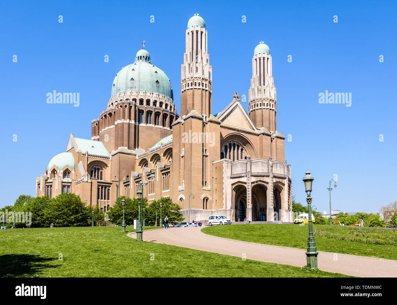 Three-quarter front view of the National Basilica of the Sacred Heart, located in the Elisabeth park in Koekelberg, Brussels-Capital region, Belgium. Stock Photo