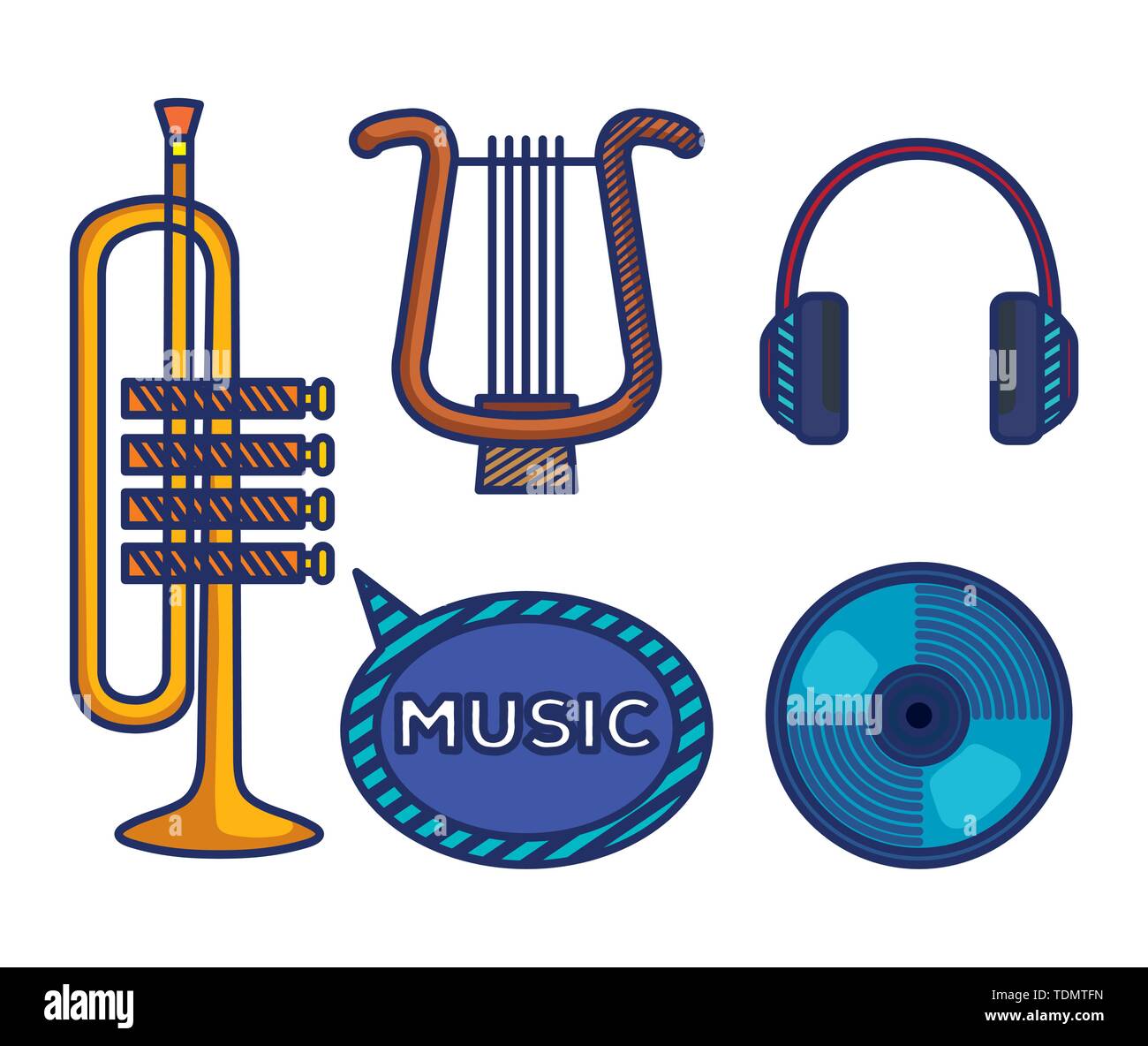 set of trumpet with harp and cd with headphones Stock Vector Image