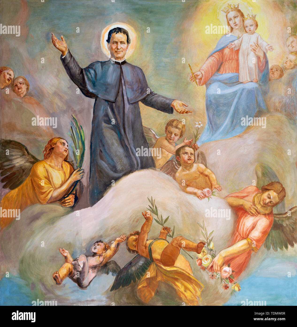 CATANIA, ITALY - APRIL 8, 2018: The painting of Don Bosco and Mary Help of Christians in the church Chiesa di San Filipo Neri by Giuseppe Barone. Stock Photo