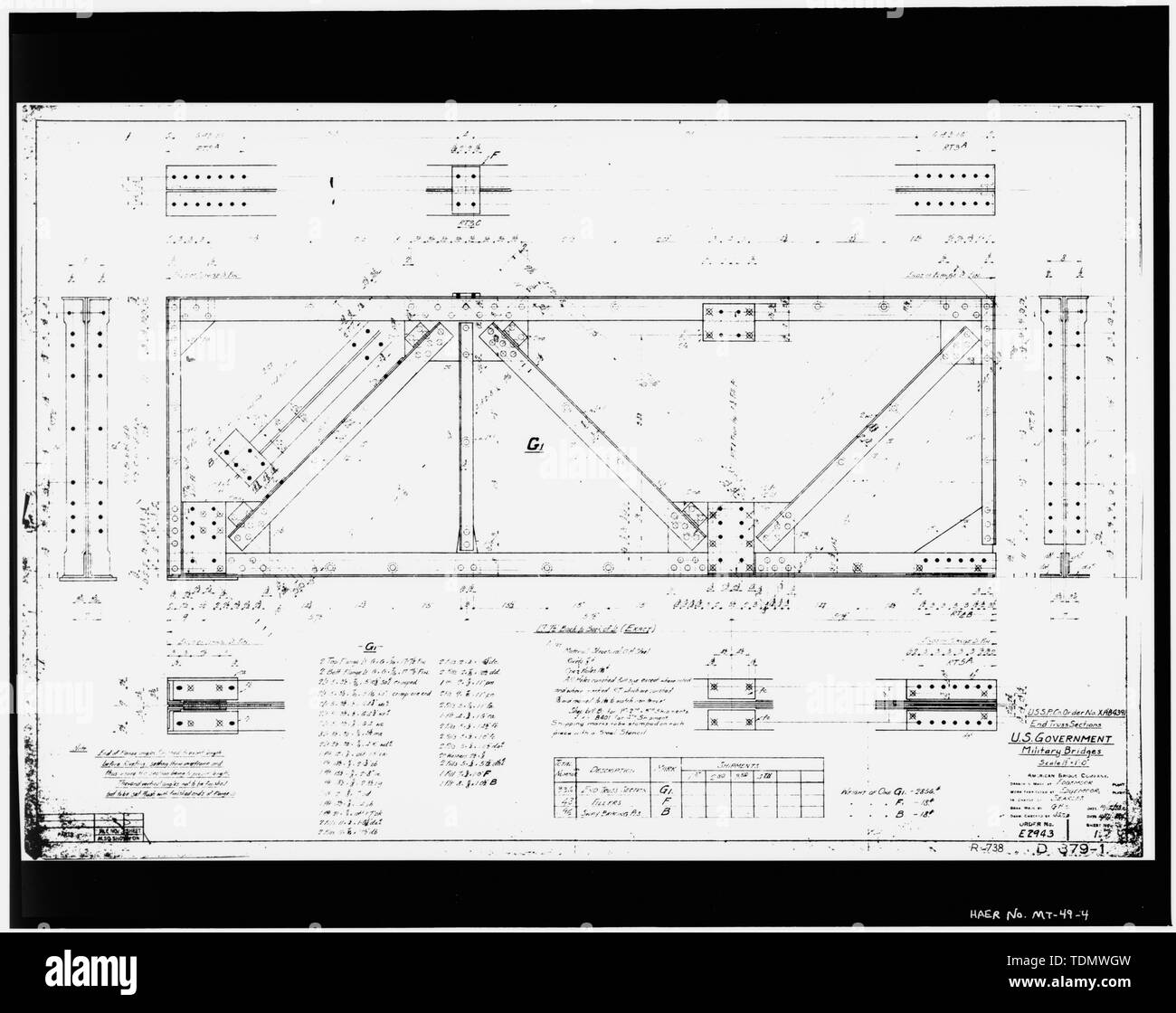 PHOTOGRAPHIC COPY OF SHEET NO. 1 OF 1918 BRIDGE PLANS FROM THE LINENS IN POSSESSION OF NORTHERN REGION, U. S. FOREST SERVICE, MISSOULA, MONTANA. END TRUSS SECTIONS. - Fish Creek Bridge, Cyr-Iron Mountain Road, Alberton, Mineral County, MT Stock Photo